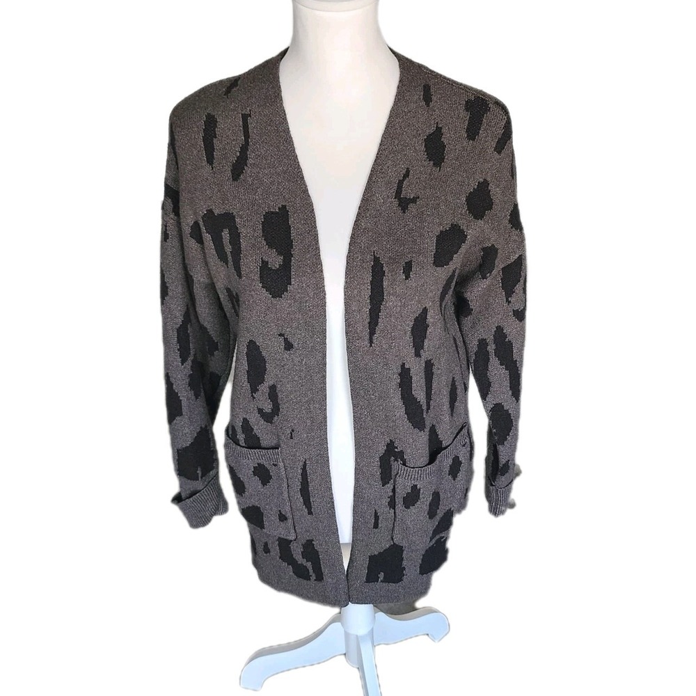 Fashion Open Front Cardigan Sweater Womens Small Black Gray Animal Pockets Cozy‎